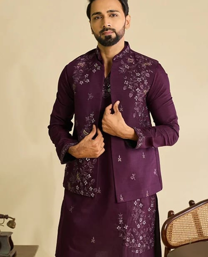 MAROON - Royal Maroon Mirror Work Koti Kurta Set for Mens Wear
